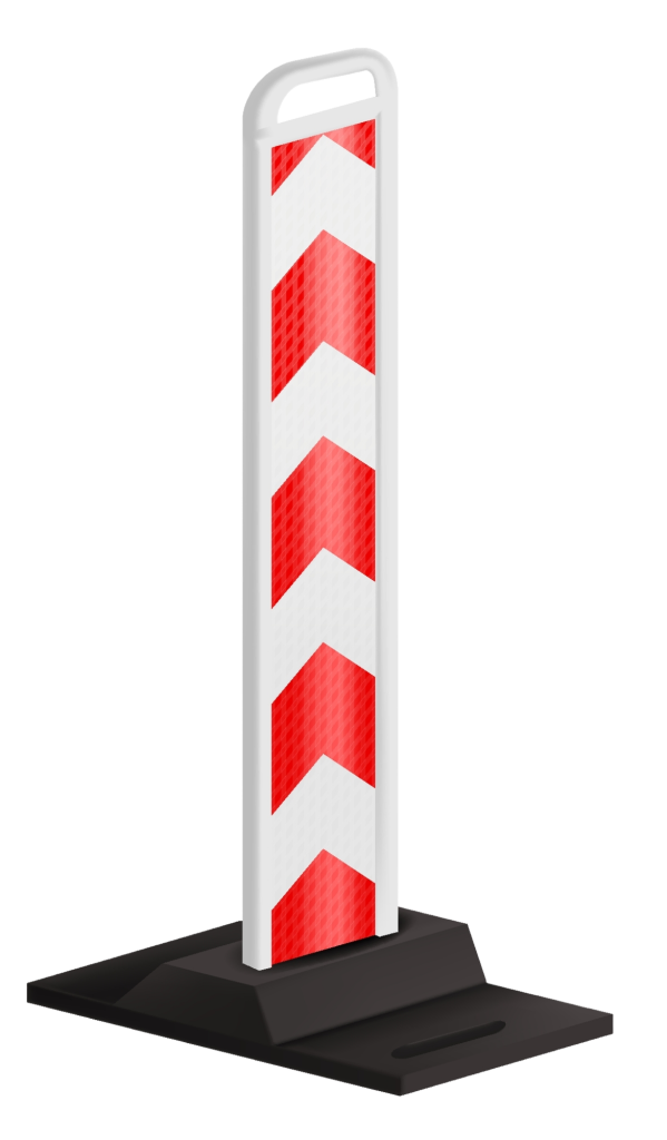 Deutsche Warnbake mit rot-weißem Chevron-Muster auf schwarzem Standfuß zur Absicherung von Baustellen im Straßenverkehr.